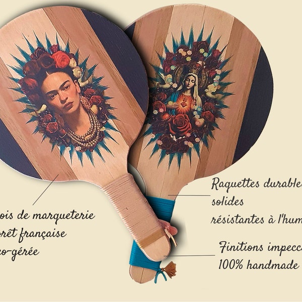 Set of wooden beach rackets France beach-tennis & Frescobol- Racquet sport, Men's gift idea, women's gift, Frida Kahlo, icon