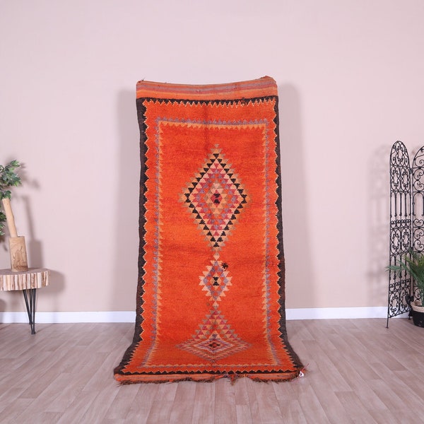Vintage Moroccan Rug, Orange Boujaad Runner 4x11 ft