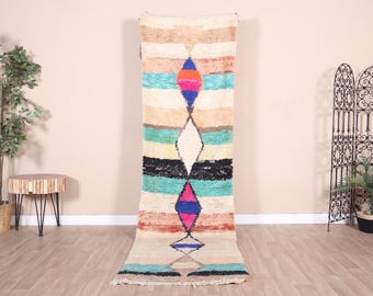 May include: A long, narrow rug with a colorful geometric pattern. The rug is made of wool and has a fringe on both ends. The colors in the pattern include red, blue, green, yellow, and white.