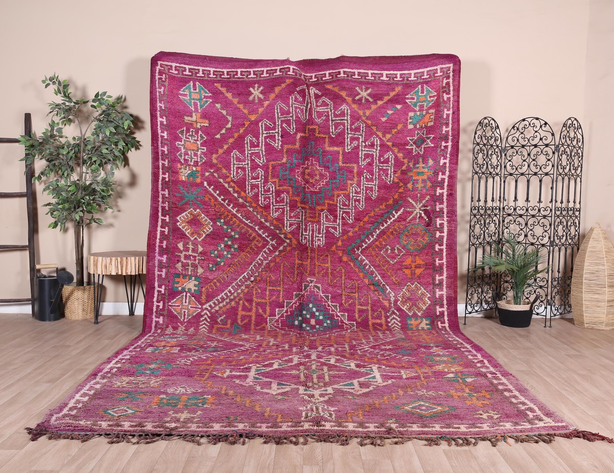 モロッコ　ラグ　ヴィンテージ　パープル ヴィンテージ モロッコ ラグ、パープル ブジャード ラグ 7 x 13