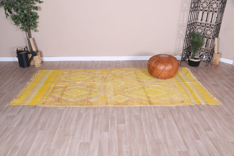 Vintage Moroccan Rug, Yellow Boujaad Rug 4x9 ft image 2