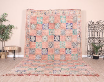 Grand Tapis Berbère Marocain Vintage 7x12 Pieds Laine Rose Multicolore Bohème