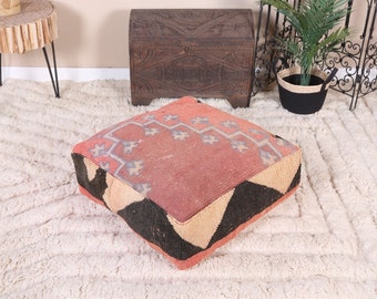 Vintage Moroccan Pouf Cover, Moroccan Kilim Pouf, Moroccan Floor cushion