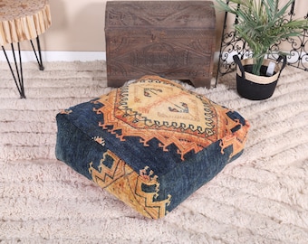 Vintage Moroccan Pouf Cover, Moroccan Kilim Pouf, Moroccan Floor cushion