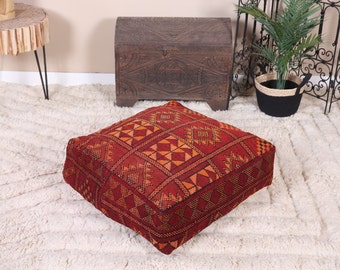 Vintage Moroccan Pouf Cover, Moroccan Kilim Pouf, Moroccan Floor cushion