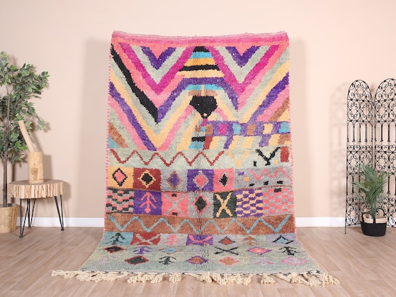 ヴィンテージ パープル ブジャード ラグ、本物のモロッコ ラグ 6 x 9