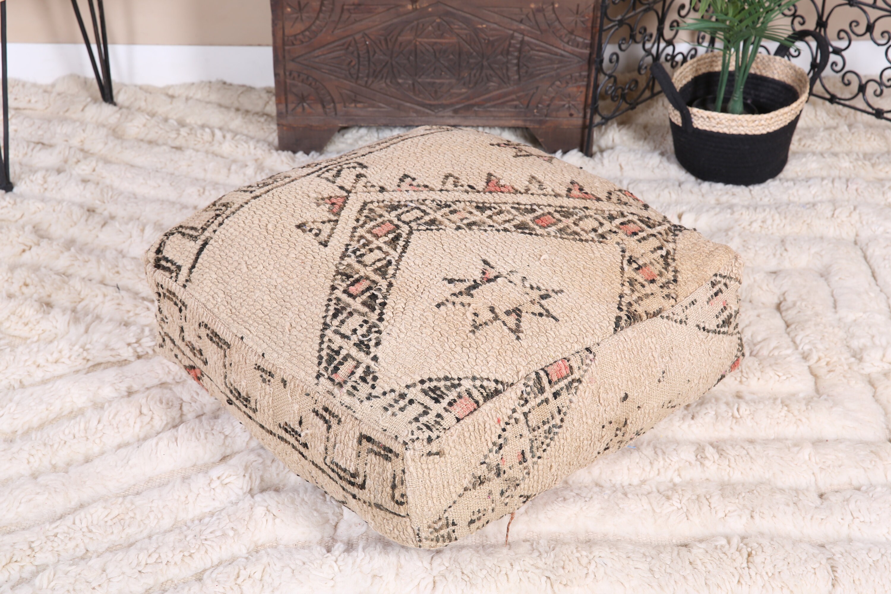 ヴィンテージ モロッコ プーフ カバー、ベニ ウライン プーフ