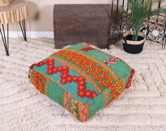 Vintage Moroccan Pouf Cover, Moroccan Kilim Pouf, Moroccan Floor cushion