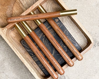 Groomsmen, Best Man SET of 5 Personalized Wood Ballpoint Pens With Brass Cap and Velvet Sleeve