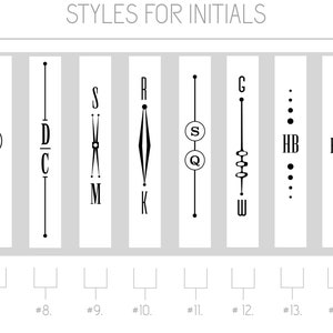 May include: A black and white graphic showing 10 different styles for initials. Each style is numbered 6 through 15. The styles include a variety of lines, dots, and shapes.
