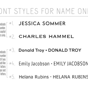 May include: A list of five different font styles for names, with instructions to indicate the font number and whether to use all capital letters or upper and lowercase letters.