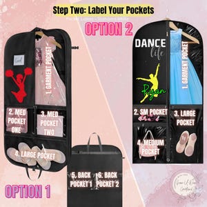 May include: Two black garment bags with different pocket labeling options. Option 1 has pockets labeled "1. Garment Pocket", "2. Med Pocket One", "3. Med Pocket Two", "4. Large Pocket", "5. Back Pocket 1", and "6. Back Pocket 2". Option 2 has pockets labeled "1. Garment Pocket", "2. SM Pocket", "3. Large Pocket", and "4. Medium Pocket".