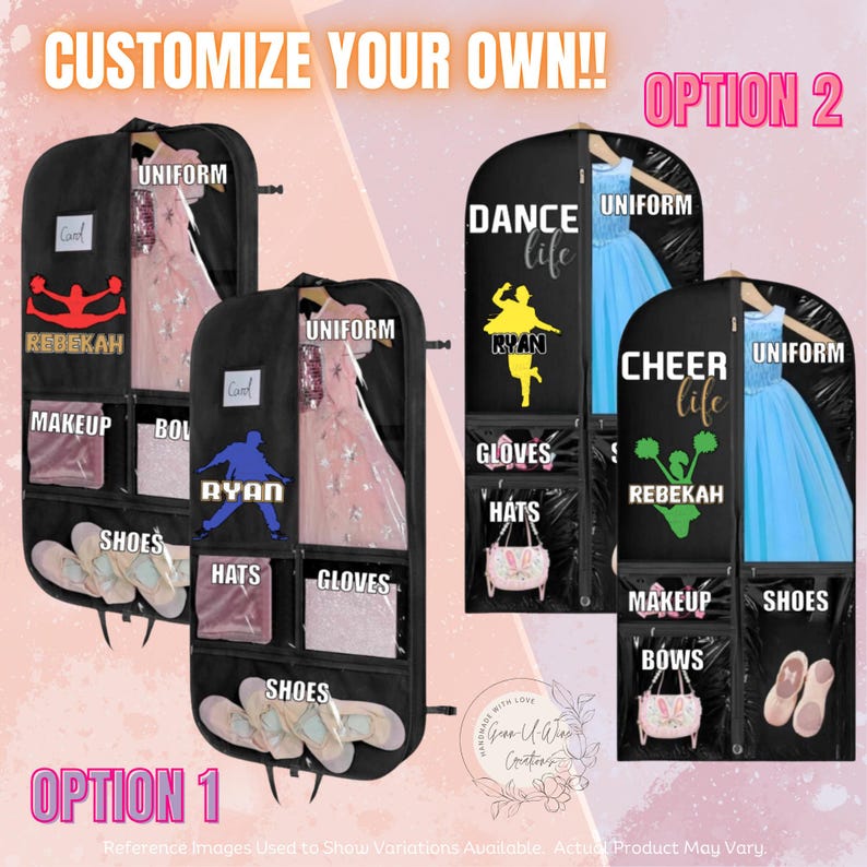 May include: Two black garment bags with clear plastic pockets for organizing dance or cheerleading gear. The bags have the words "Dance Life" and "Cheer Life" printed on them. The bags also have pockets labeled "Uniform", "Gloves", "Hats", "Shoes", "Makeup", and "Bows".