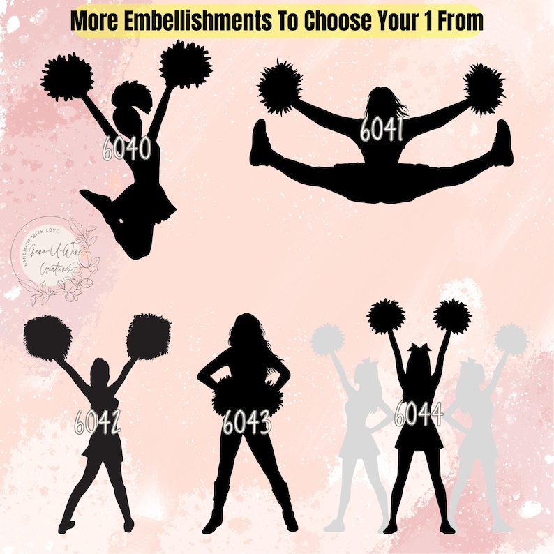 May include: Five black silhouette images of cheerleaders with pom-poms. Each image has a number, 6040, 6041, 6042, 6043, and 6044.