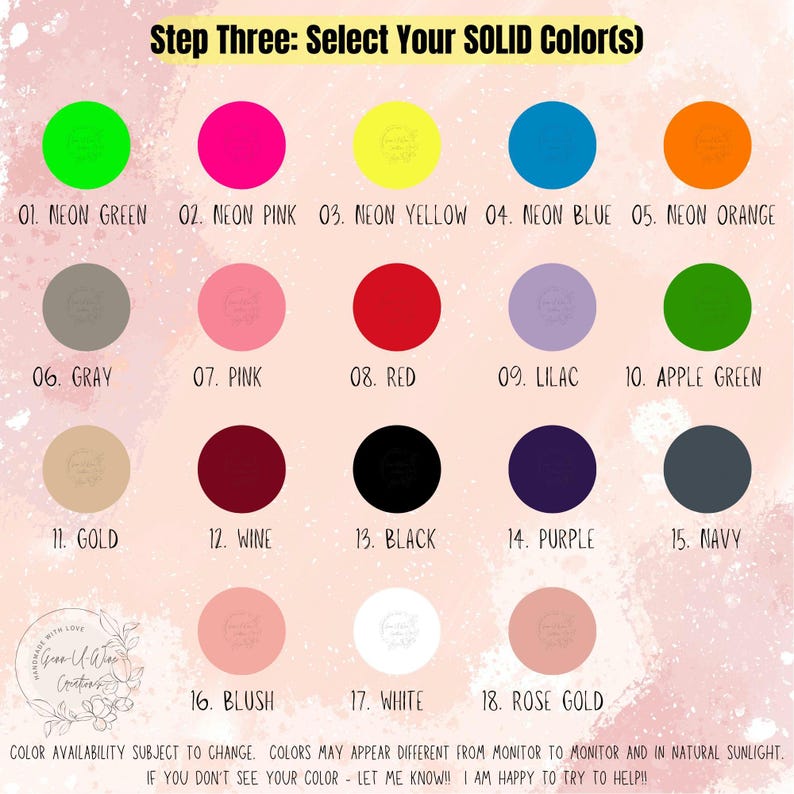 May include: A chart showing 18 different solid color options for a product. The colors are labeled with numbers and names, including neon green, neon pink, neon yellow, neon blue, neon orange, gray, pink, red, lilac, apple green, gold, wine, black, purple, navy, blush, white, and rose gold.