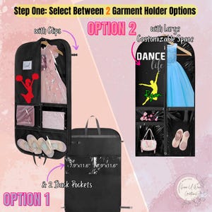 May include: Two garment holder options for storing dance costumes. Option 1 has a clear front panel with clips and multiple pockets. Option 2 has a large customizable space with a clear front panel and multiple pockets. Both options are black and measure 7.9 inches by 11.6 inches.
