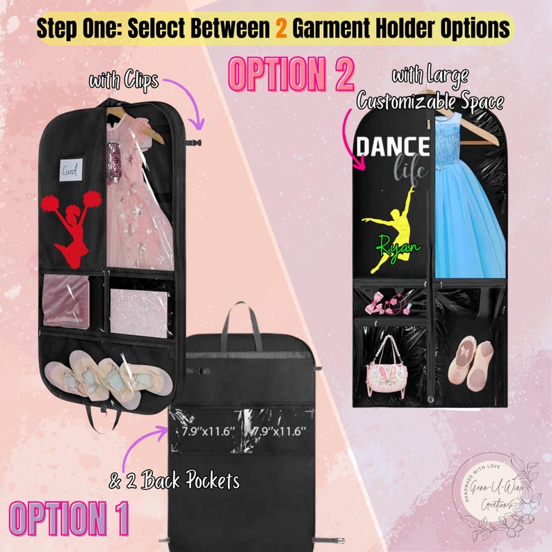 May include: Two garment holder options for storing dance costumes. Option 1 has a clear front panel with clips and multiple pockets. Option 2 has a large customizable space with a clear front panel and multiple pockets. Both options are black and measure 7.9 inches by 11.6 inches.