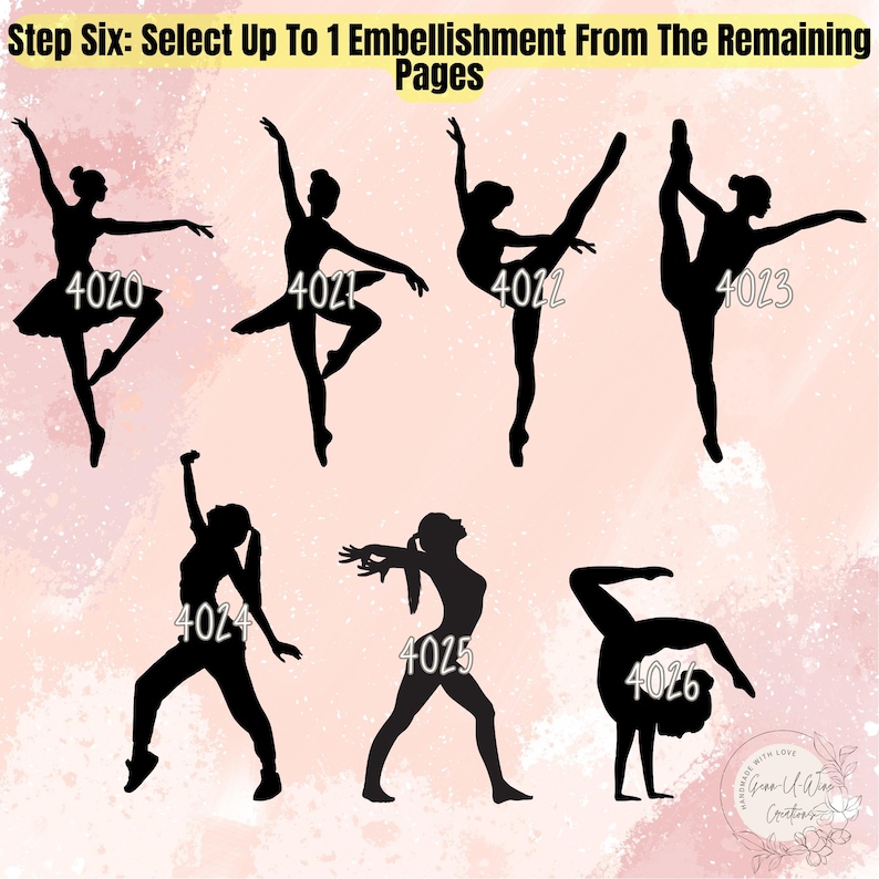 May include: Six black silhouette images of dancers in various poses. Each image is numbered with a four-digit number, starting with 4020 and ending with 4026.