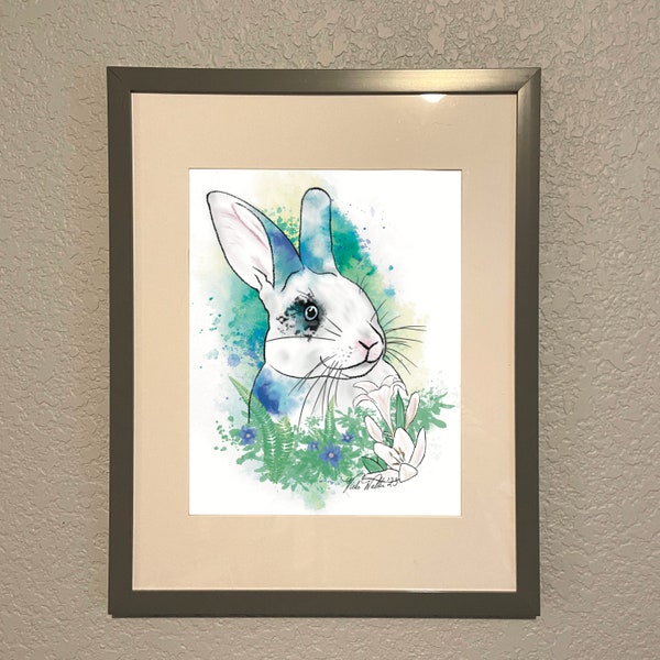 Whimsical Bunny Rabbit in Blue/Green Printable Digital Watercolor, Sublimation, Baby Decor, Wall Decor, includes three (4x6, 5x7, 8x10)