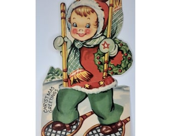 Christmas Greeting Made in USA Die Cut Mechanical Card Snowshoes 1940s Unused