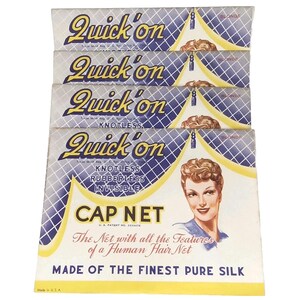 May include: Four vintage "Quick'on" cap net packages. The packaging features a blue and white diamond pattern, the words "Quick'on", "Knotless", "Rubberless", and "Invisible". The packaging also features a blonde woman and the text "Made of the finest pure silk".