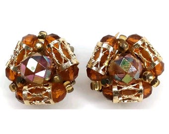 MCM Clip On Earrings Topaz Aurora Borealis Rhinestone Gold Tone Metal W Germany