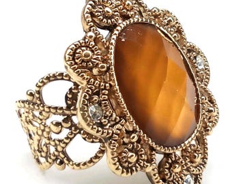 MCM Ring Crystal Tiger&#39;s Eye Rhinestone Gold Tone Metal Size 8 Adjustable 1950s