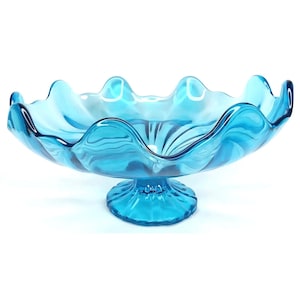 Vintage 1960s L E Smith Glass Rolled Edge Compote Bowl Simplicity Peacock Blue