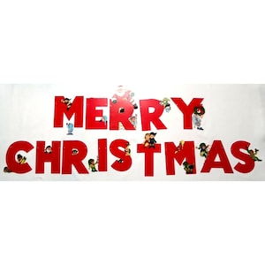Vintage Merry Christmas Banner Santa Claus & His Elves 1980s Holiday Decor