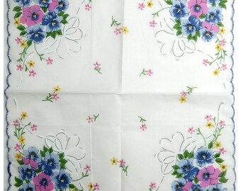 Ladies Handkerchief Flowers Blue Pink & White Vintage Linen