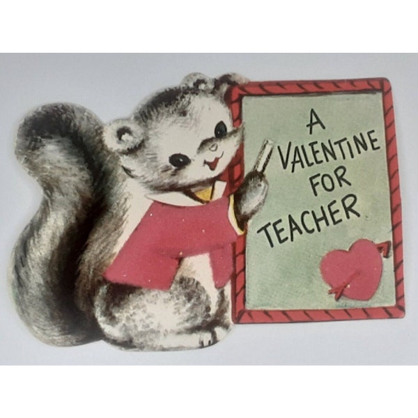 Valentine Card Squirrel Felt Coat & Heart For Teacher 1940s Greeting Unused