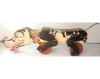 Fisher Price Snoopy Dalmation Dog Wooden Mid Century Modern Pull Toy