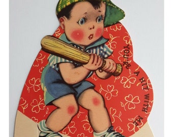 Valentine Card Little Boy Playing Baseball 1930s Romantic Greeting