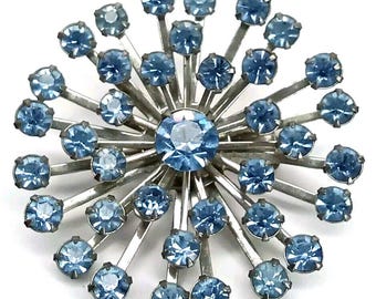 MCM Brooch Blue Rhinestones On Silver Tone Metal Atomic Starburst 1960s