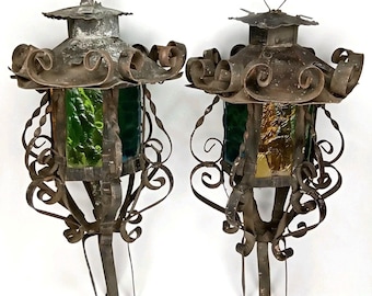 Antique 1920s Spanish Revival Gothic Wrought Iron Lantern Set Of 2 New Arrival