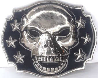 Belt Buckle Skull Metal Enamel Black Silver Gothic Stars Vintage Accessory
