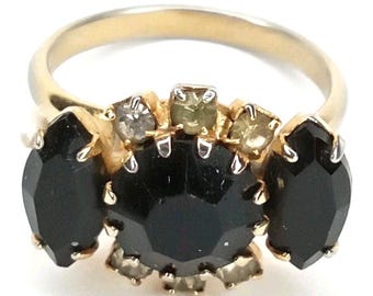MCM Ring Black & Crystal Rhinestone Gold Tone Metal Size 7 Adjustable 1950s