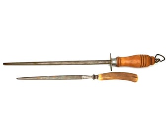 VTG Antique Wood Handle Knife Sharpening Steel Honing Rod Set Of 2