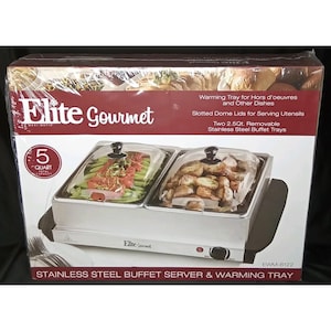 May include: Elite Gourmet stainless steel buffet server and warming tray. The appliance has two 2.5-quart removable stainless steel buffet trays with clear dome lids. The box also indicates a 5-quart total capacity.