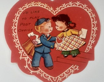 Valentine Card A-Meri-Card Boy Girl I'd Like To Play Post Office 1960s Greeting