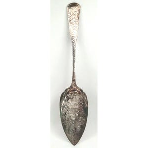 May include: A silver serving spoon with a textured handle and a wide, engraved blade. The blade features an eagle and star design. The spoon is likely vintage and suitable for serving cakes or other desserts.