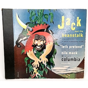 May include: A vintage Columbia Records album cover for Jack and the Beanstalk, featuring a large illustrated giant with a red beard and a sword, reaching down toward a small figure holding a harp amidst green beanstalk leaves against a blue sky.