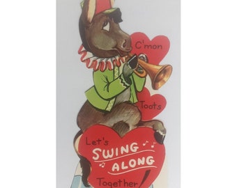 Valentinskarte Esel & Horn C'mon Toots Let's Swing Along 1940er Jahre Gruß unbenutzt