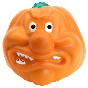 May include: Orange, cartoon-like pumpkin with a grumpy face. The pumpkin has white teeth, black and white eyes, and a green stem. A Halloween-themed decoration.