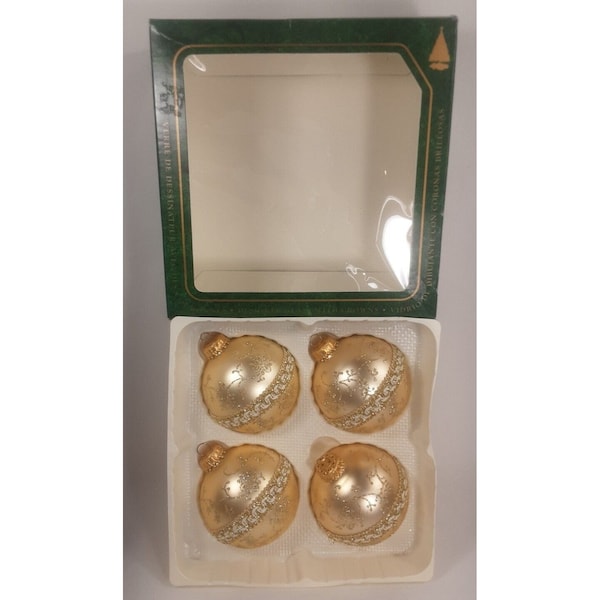 Christmas Ornament Krebs Set of 4 Gold Glass Glitter Stencil Vintage Holiday