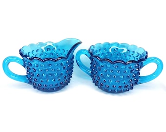 VTG 1960s L E Smith Glass Hobnail Colonial Blue Creamer & Sugar Bowl New Arrival