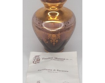 Vecchia Murano Glass Vase Purple Gold Gilt Hand Painted Italy Vintage Decor