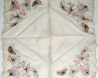 Ladies Handkerchief Butterflies & Flowers Embroidered Pink Purple Vintage Linen