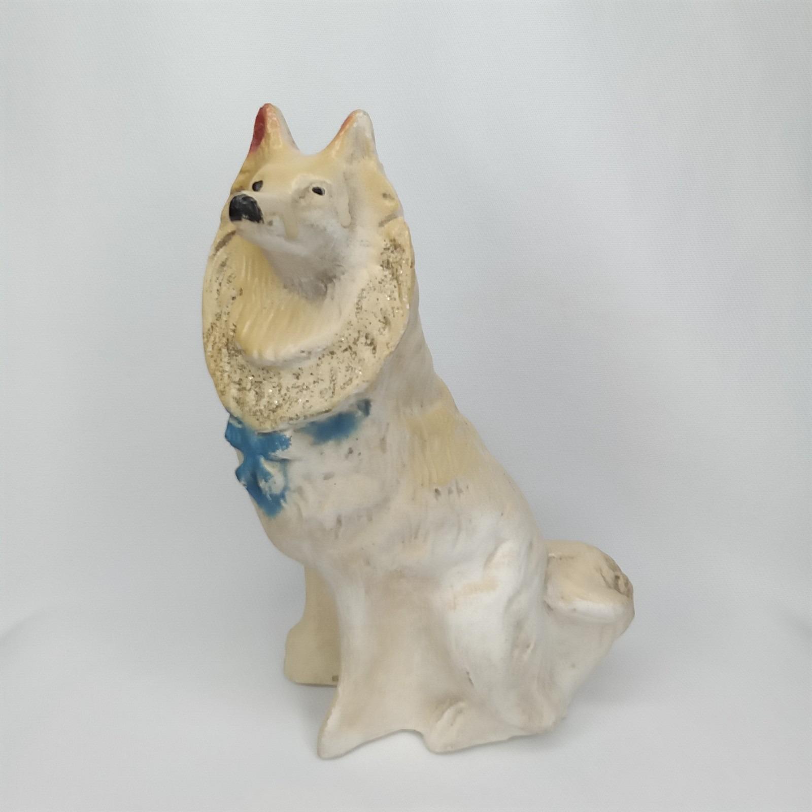 Antique 1930s Carnival Chalkware Collie Dog Figurine Glitter Trim