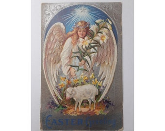Carte postale de Pâques avec ange et agneau en relief, voeux chrétiens édouardiens